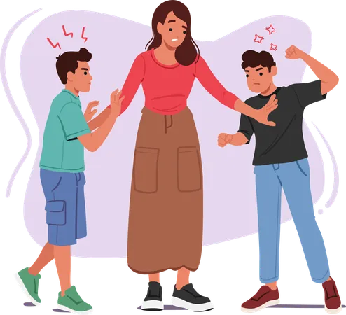 Mother Mediates Fostering Understanding Teaching Compromise Encourages Empathy Guiding Aggressive Kids To Resolve Conflicts Peacefully Nurturing Communication And Strengthening Familial Bonds Illustration