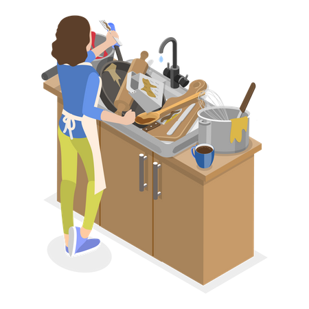 Mother trying to clean the dirty utensils in kitchen  Illustration