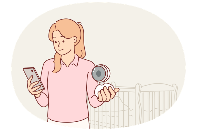 Mother uses camera or video babysitter and phone to watch baby sleeping in cradle while working  Illustration