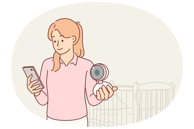 Mother uses camera or video babysitter and phone to watch baby sleeping in cradle while working  Illustration