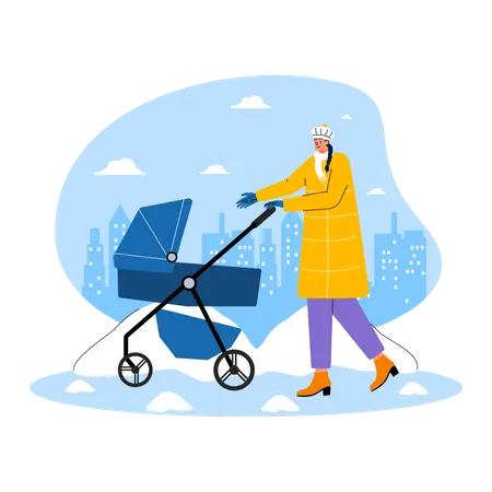 Mother walking outside with baby cribe  Illustration
