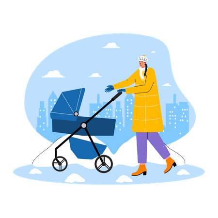 Mother walking outside with baby cribe  Illustration