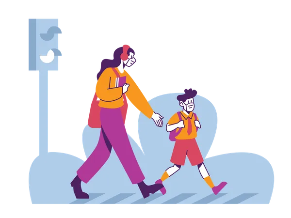 Mother walking son to drop to school Illustration