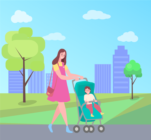 Mother walking with baby in stroller  Illustration