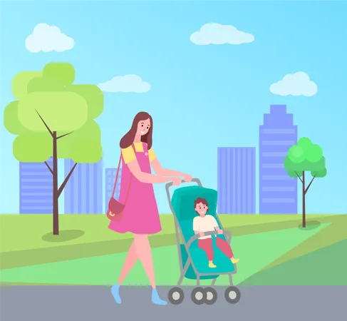 Woman Walking With Pram And Kid Vector Lady Has Fun With Child In City Park With Green Trees And Buildings On Backdrop Son And Mom Spending Time Together Illustration
