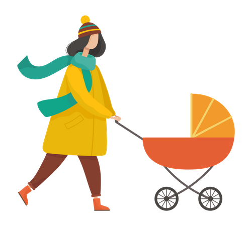 Mother walking with baby pushcart Illustration