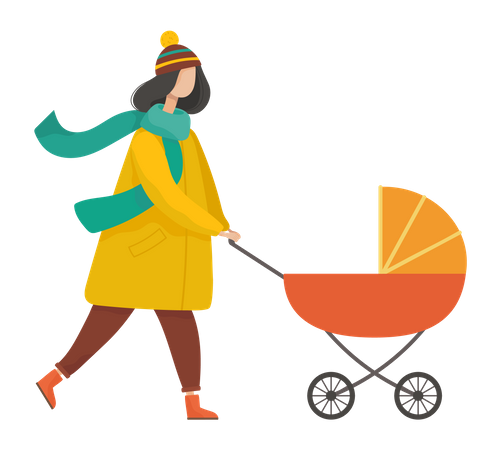 Mother walking with baby pushcart  Illustration