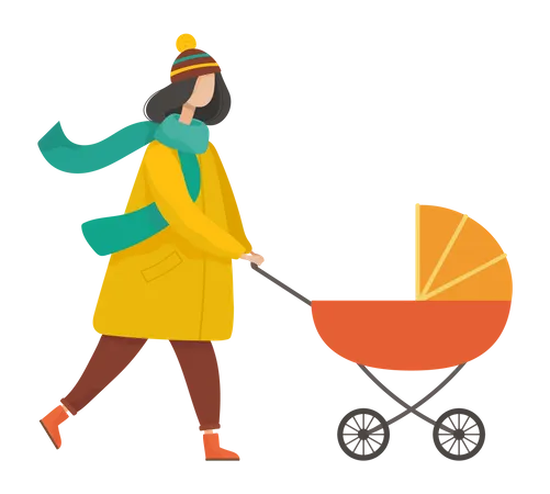 Mother walking with baby pushcart  Illustration