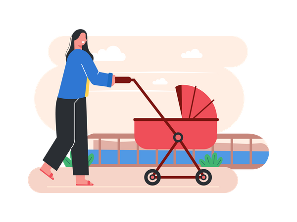 Mother walking with baby walker  Illustration