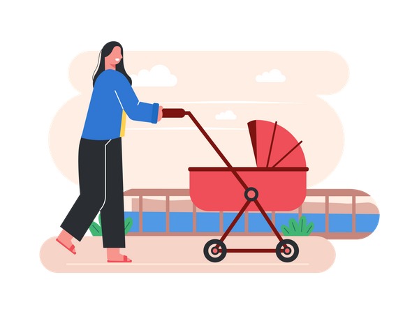 Mother walking with baby walker  Illustration