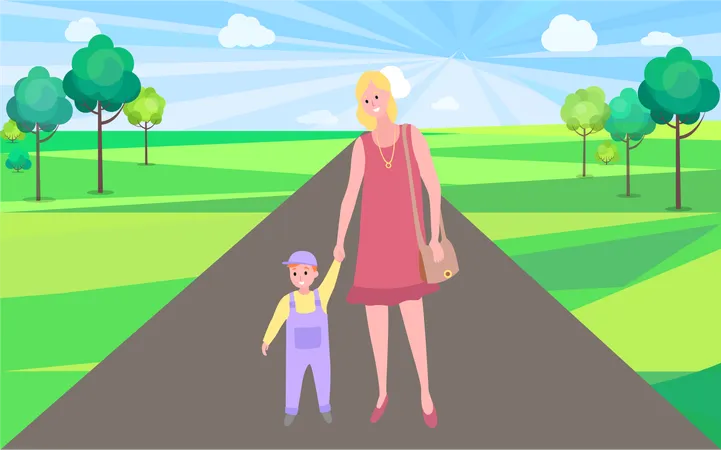 Mother And Kid Walking Vector Woman Teaching Son To Walk In City Park With Buildings Mom And Small Child Person With Handbag And Kiddo Wearing Bodysuit Illustration