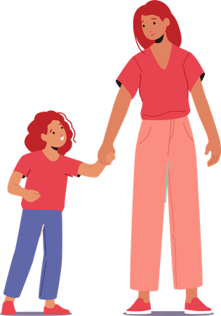 Mother walking with daughter Illustration