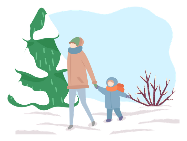 Mother walking with daughter in winter  Illustration