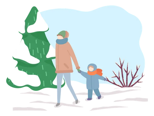 Mother walking with daughter in winter  Illustration