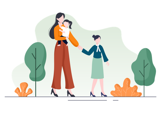 Mother walking with her kids Illustration