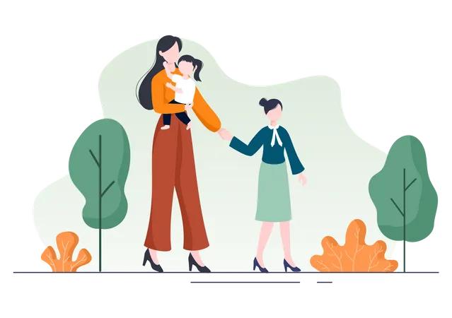 Mother walking with her kids Illustration