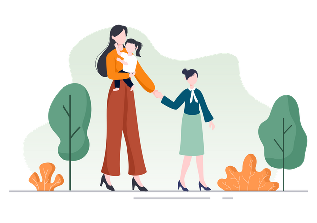 Mother walking with her kids  Illustration