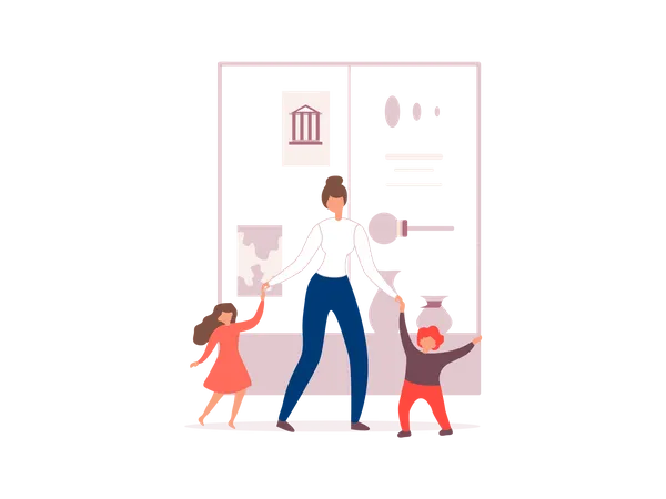 Mother walking with her kids in museum Illustration