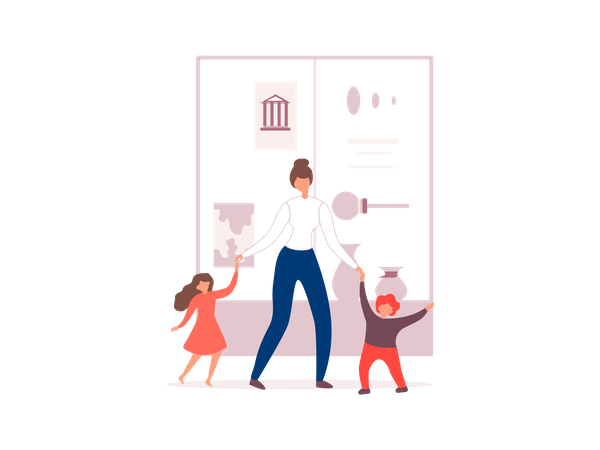 Mother walking with her kids in museum  Illustration