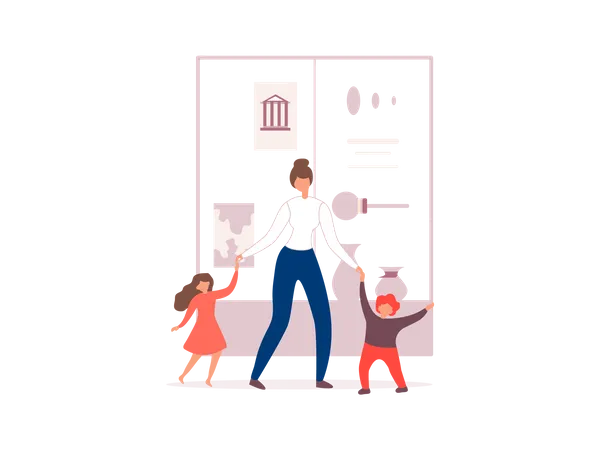 Mother walking with her kids in museum  Illustration