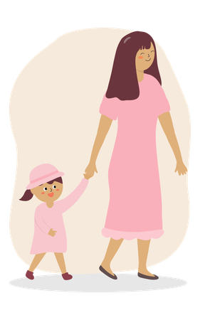 Mother walking with her little girl  Illustration