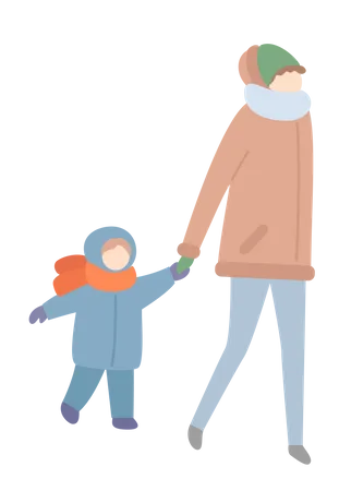 Couple And Mum With Child Going Outdoor In Jacket With Scarf And Hat With Mittens Walking People In Wintertime Set Of Characters Card With Text Vector Illustration