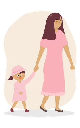 Mother walking with her little girl  Illustration