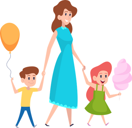 Mother walking with kids Illustration