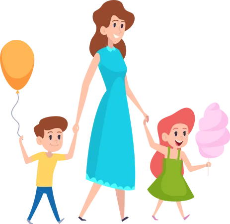 Mother walking with kids Illustration