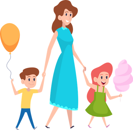 Mother walking with kids  Illustration