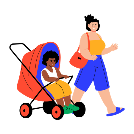 Mother walking with son in stroller  Illustration