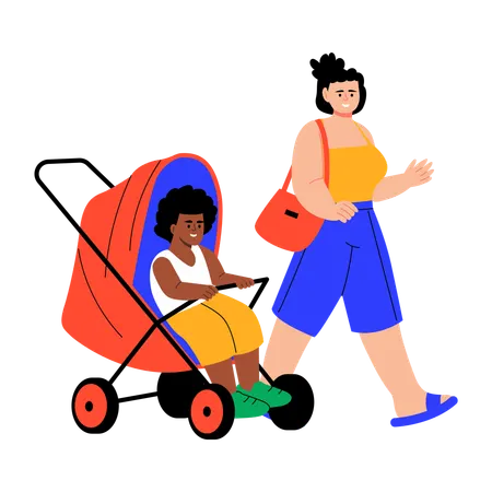 Mother walking with son in stroller  Illustration