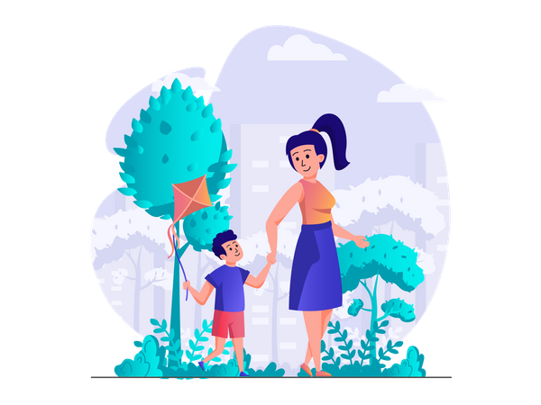 Mother walking with son in the park Illustration