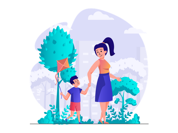 Mother walking with son in the park  Illustration
