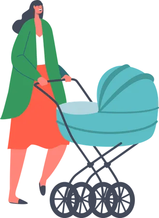 Mother walking with toddler in pushcart  Illustration
