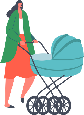 Mother walking with toddler in pushcart  Illustration