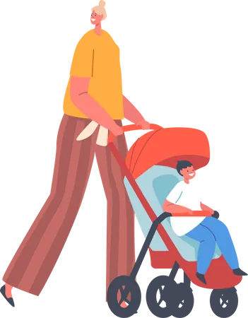 Cheerful Woman With Kid Sit In Go Cart On Promenade Mom And Toddler In Pram Or Carriage Mother Walking With Baby In Stroller Isolated On White Background Cartoon People Vector Illustration Illustration