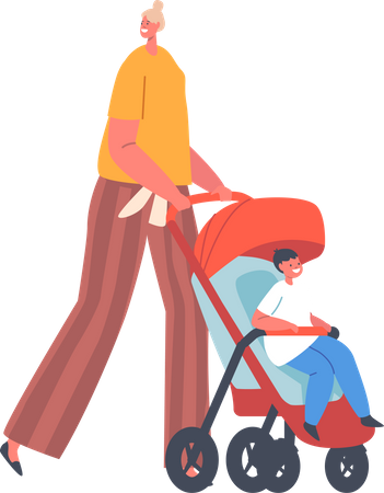 Mother walking with toddler inside cart  Illustration