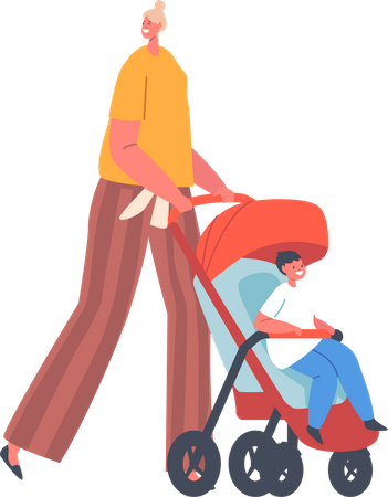Mother walking with toddler inside cart  Illustration
