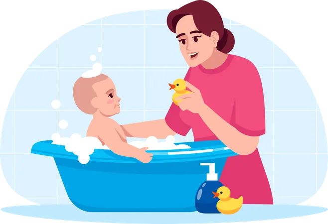 Baby Hygiene Semi Flat RGB Color Vector Illustration Toddler In Bathtub Mother Washing Baby Kid Play In Bathroom Family Bonding Happy Mum Wash Son Isolated Cartoon Character On Blue Background Illustration