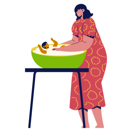 Mother washing baby  Illustration