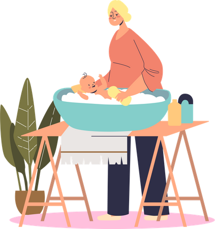 Mother washing baby in little bath Illustration
