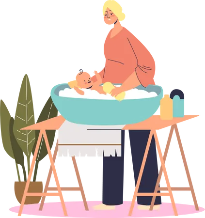Mother washing baby in little bath  Illustration