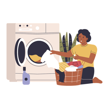 Mother washing dirty clothes using a machine  Illustration