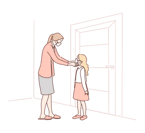 Mother wearing face mask to daughter  Illustration