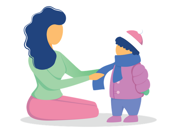 Mother wearing winter cloth to son  Illustration