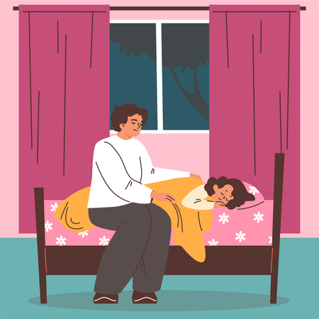 10대 딸을 방에 조심스럽게 잠재우는 어머니  일러스트레이션