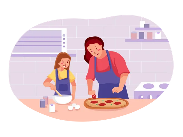 Mother with baby girl making pizza  Illustration