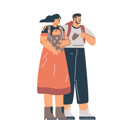 Mother with baby in sling and father hugging shoulders  Illustration