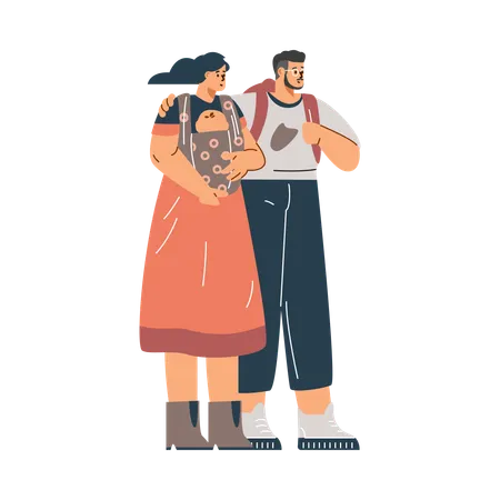 Mother with baby in sling and father hugging shoulders  Illustration